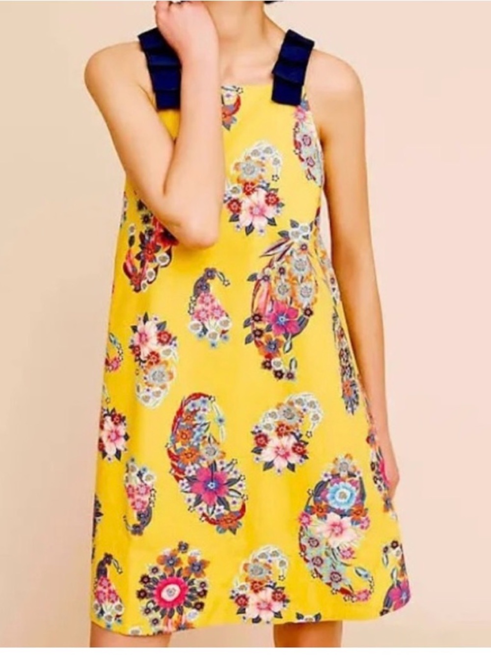 Anthropologie Maeve Sunniva Yellow Floral Ribbon Strap Dress Size XS Boho Beachy
